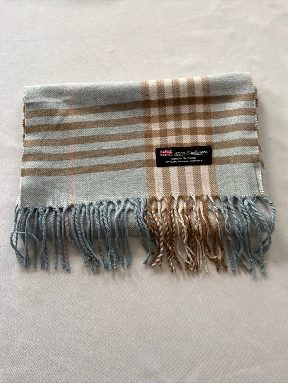 Light Blue & Tan Plaid Scarf 100% Cashmere